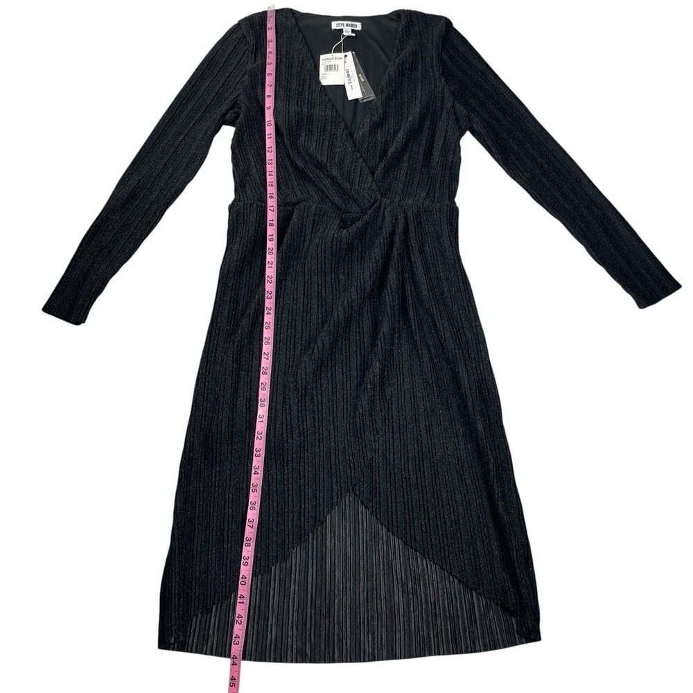 Steve Madden Metallic Crinkle Dress Large Black Shimmer Knot Front Long Sleeve - Picture 12 of 14